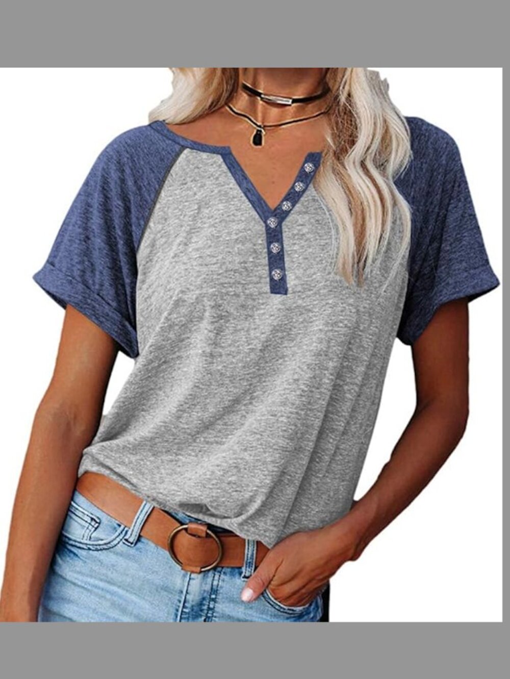 ⭐️3 for $12⭐️ 💙 Grey & Blue Colorblock Henley Raglan T-Shirt Women's M 💙